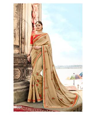 Beige Embroidered Cotton Saree With Blouse 1