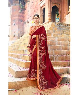 Maroon Embroidered Cotton Saree With Blouse 1