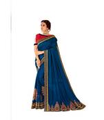 Blue Embroidered Cotton Silk Saree With Blouse