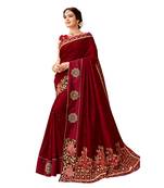 Maroon Embroidered Cotton Silk Saree With Blouse
