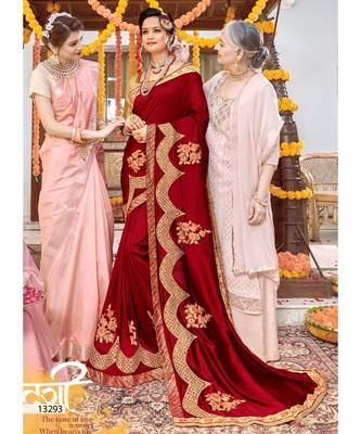 Maroon Embroidered Silk Blend Saree With Blouse 1