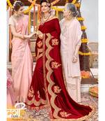 Maroon Embroidered Silk Blend Saree With Blouse