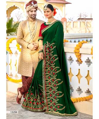 Green Embroidered Silk Blend Saree With Blouse 1