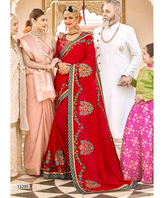 Red Embroidered Silk Blend Saree With Blouse 1