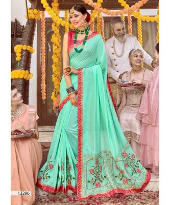 Green Embroidered Silk Blend Saree With Blouse 1