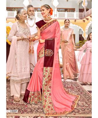 Peach Embroidered Silk Blend Saree With Blouse 1