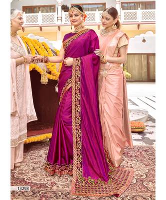 Purple Embroidered Silk Blend Saree With Blouse 1