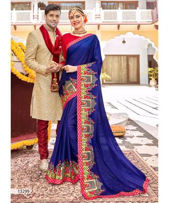Blue Embroidered Silk Blend Saree With Blouse 1