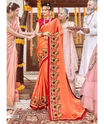 Orange Embroidered Silk Blend Saree With Blouse 1