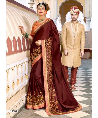 Brown Embroidered Silk Blend Saree With Blouse 1