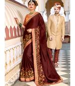 Brown Embroidered Silk Blend Saree With Blouse