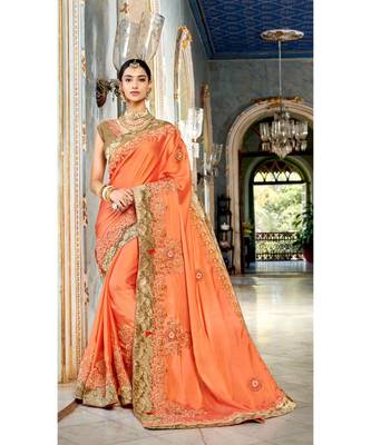 Orange Embroidered Silk Blend Saree With Blouse 1