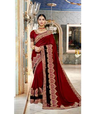 Maroon Embroidered Silk Blend Saree With Blouse 1