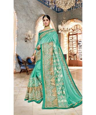 Green Embroidered Silk Blend Saree With Blouse 1