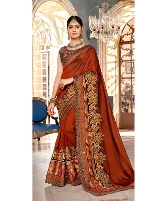 Orange Embroidered Silk Blend Saree With Blouse 1