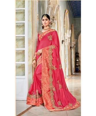 Pink Embroidered Silk Blend Saree With Blouse 1