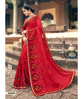 Red Embroidered Silk Blend Saree With Blouse 1
