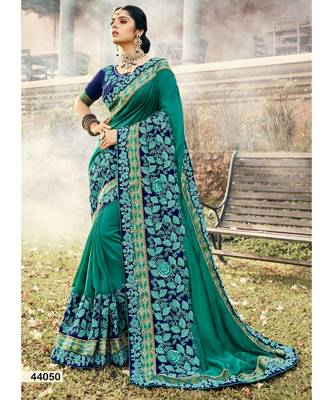 Turquoise Embroidered Silk Blend Saree With Blouse 1