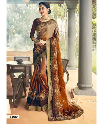 Brown Embroidered Silk Blend Saree With Blouse 1