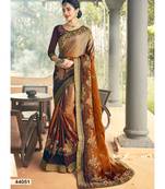 Brown Embroidered Silk Blend Saree With Blouse