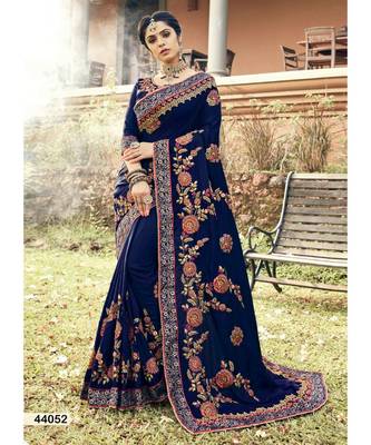 Blue Embroidered Silk Blend Saree With Blouse 1