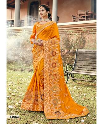 Yellow Embroidered Silk Blend Saree With Blouse 1