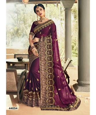 Purple Embroidered Silk Blend Saree With Blouse 1