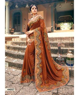 Chocolate Embroidered Silk Blend Saree With Blouse 1