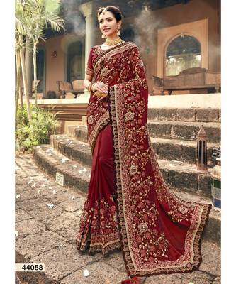 Maroon Embroidered Silk Blend Saree With Blouse 1