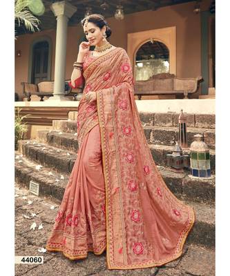 Peach Embroidered Silk Blend Saree With Blouse 1