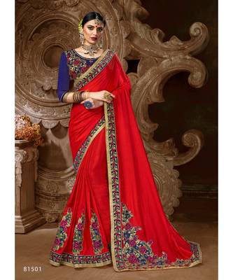Red Embroidered Silk Blend Saree With Blouse 1