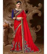 Red Embroidered Silk Blend Saree With Blouse