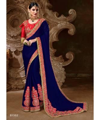 Blue Embroidered Silk Blend Saree With Blouse 1
