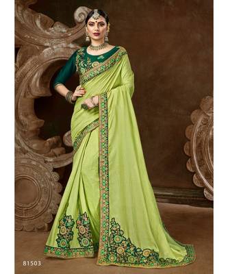 Green Embroidered Silk Blend Saree With Blouse 1