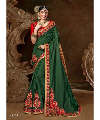 Green Embroidered Silk Blend Saree With Blouse 1
