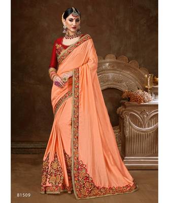 Peach Embroidered Silk Blend Saree With Blouse 1