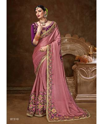 Pink Embroidered Silk Blend Saree With Blouse 1
