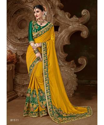 Mustard Embroidered Silk Blend Saree With Blouse 1