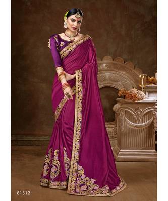Purple Embroidered Silk Blend Saree With Blouse 1