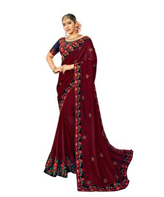 Maroon Embroidered Cotton Silk Saree With Blouse 1