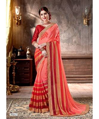 Orange Printed Viscose Rayon Saree With Blouse 1