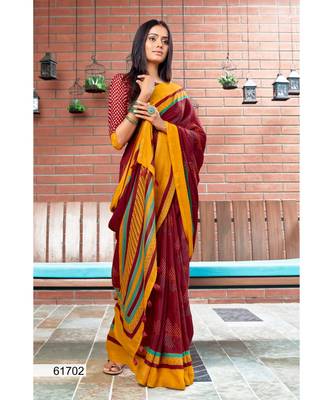 Maroon Printed Linen Saree With Blouse 1