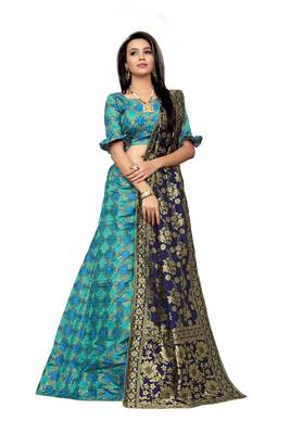 Turquoise Printed Jacquard Semi Stitched Lehenga 1