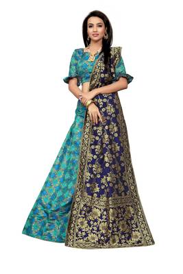 Turquoise Printed Jacquard Semi Stitched Lehenga 2