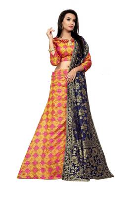 Mustard Printed Jacquard Semi Stitched Lehenga 1