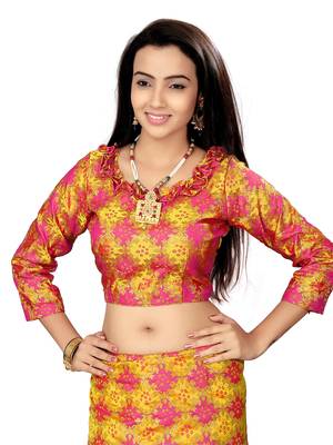 Mustard Printed Jacquard Semi Stitched Lehenga 4