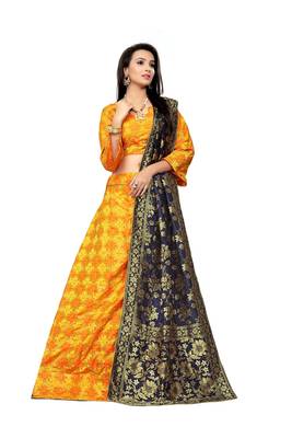 Yellow Printed Jacquard Semi Stitched Lehenga 1