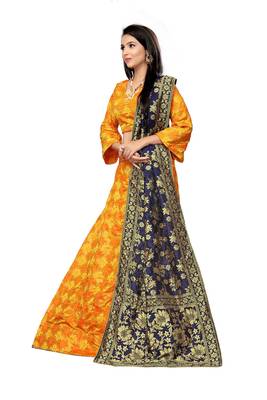 Yellow Printed Jacquard Semi Stitched Lehenga 2