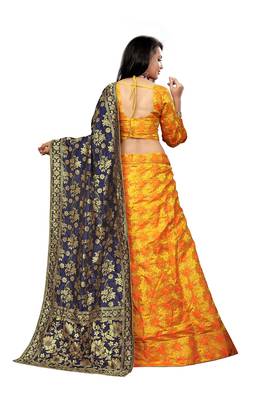 Yellow Printed Jacquard Semi Stitched Lehenga 3