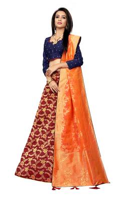 Maroon Printed Jacquard Semi Stitched Lehenga 2